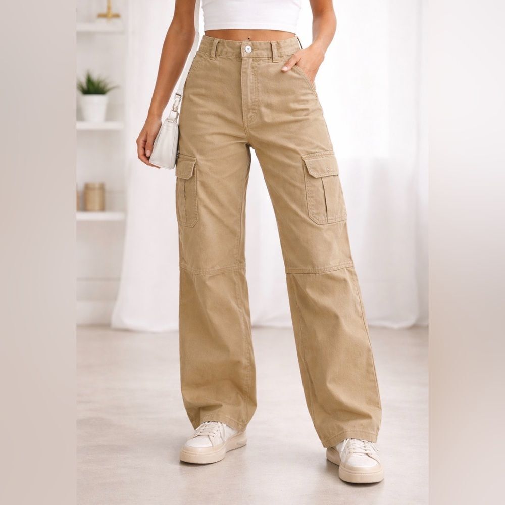 Zara Khaki Cargo Pants Wide Leg Utility Style Size 2